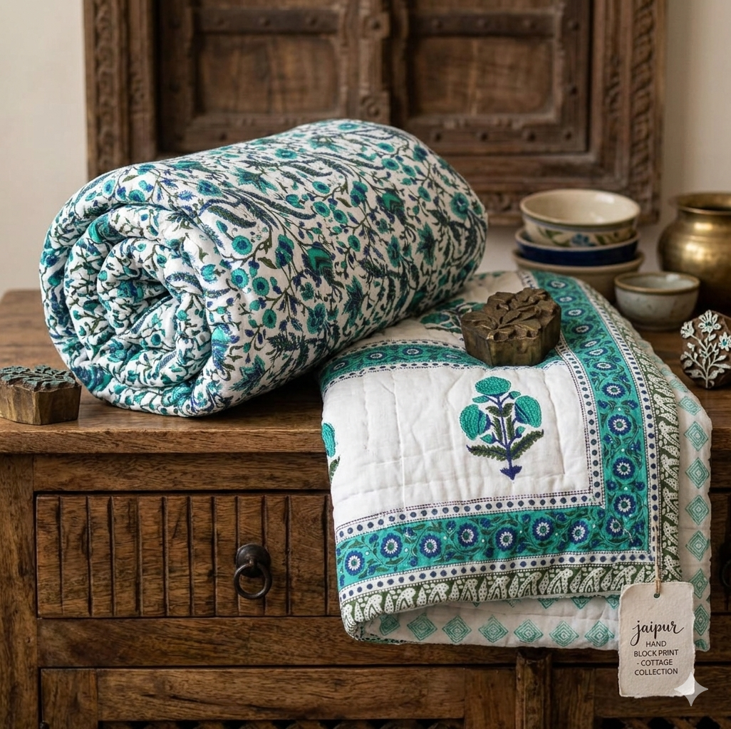 Hand block 100% cotton bed quilt blue