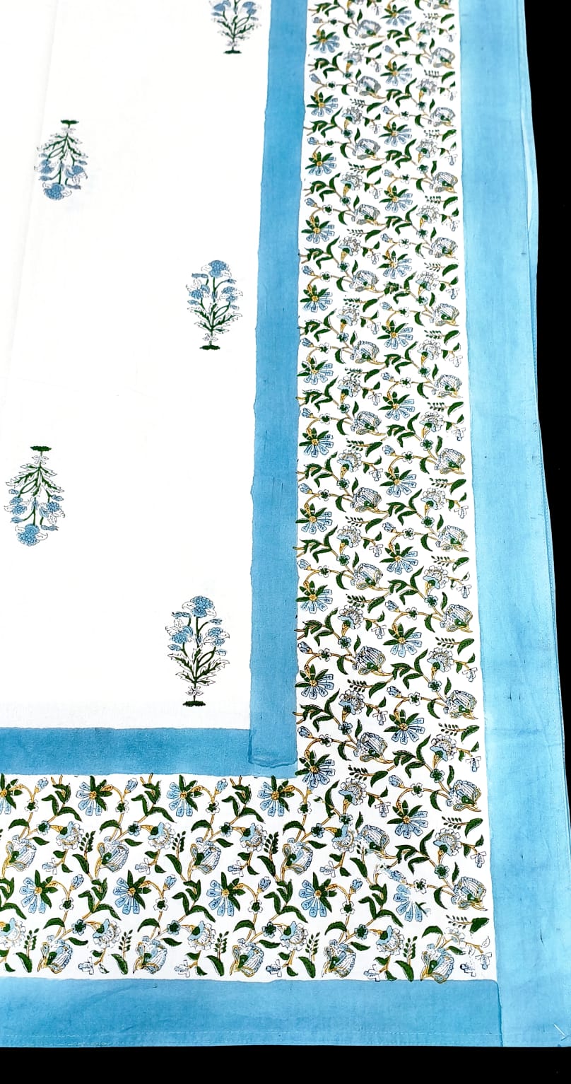 Hand block 100% cotton bedsheet sky blue