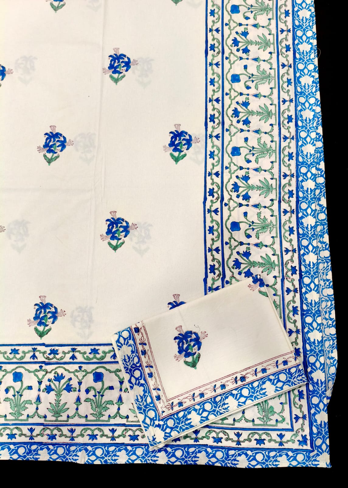 Hand block 100% cotton bedsheet light blue