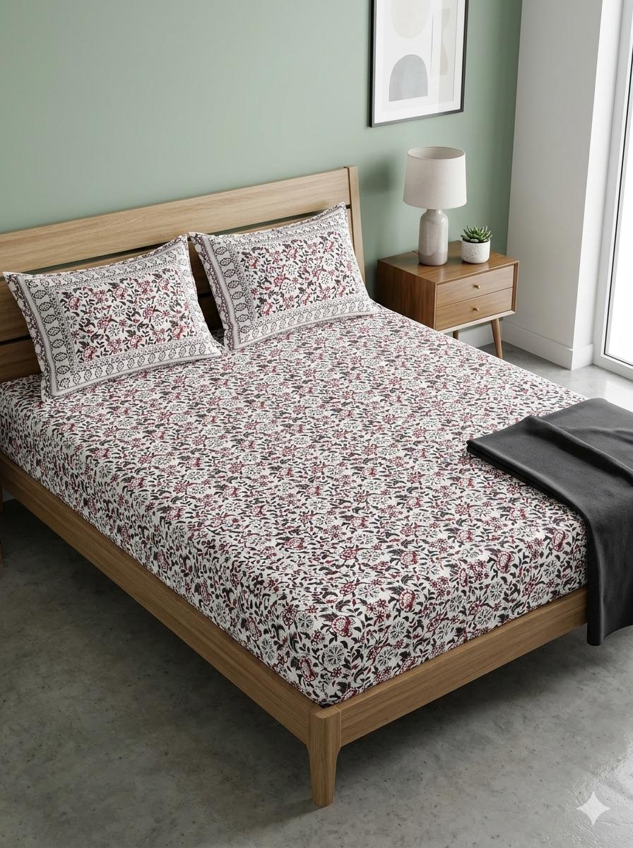 Hand block 100% cotton bedsheet brown floral