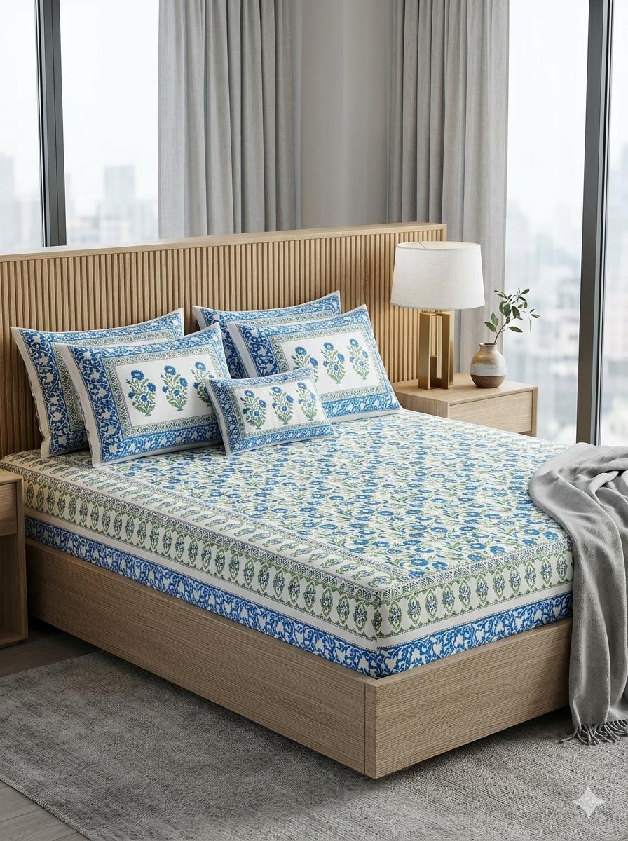 Hand block 100% cotton bedsheet light blue