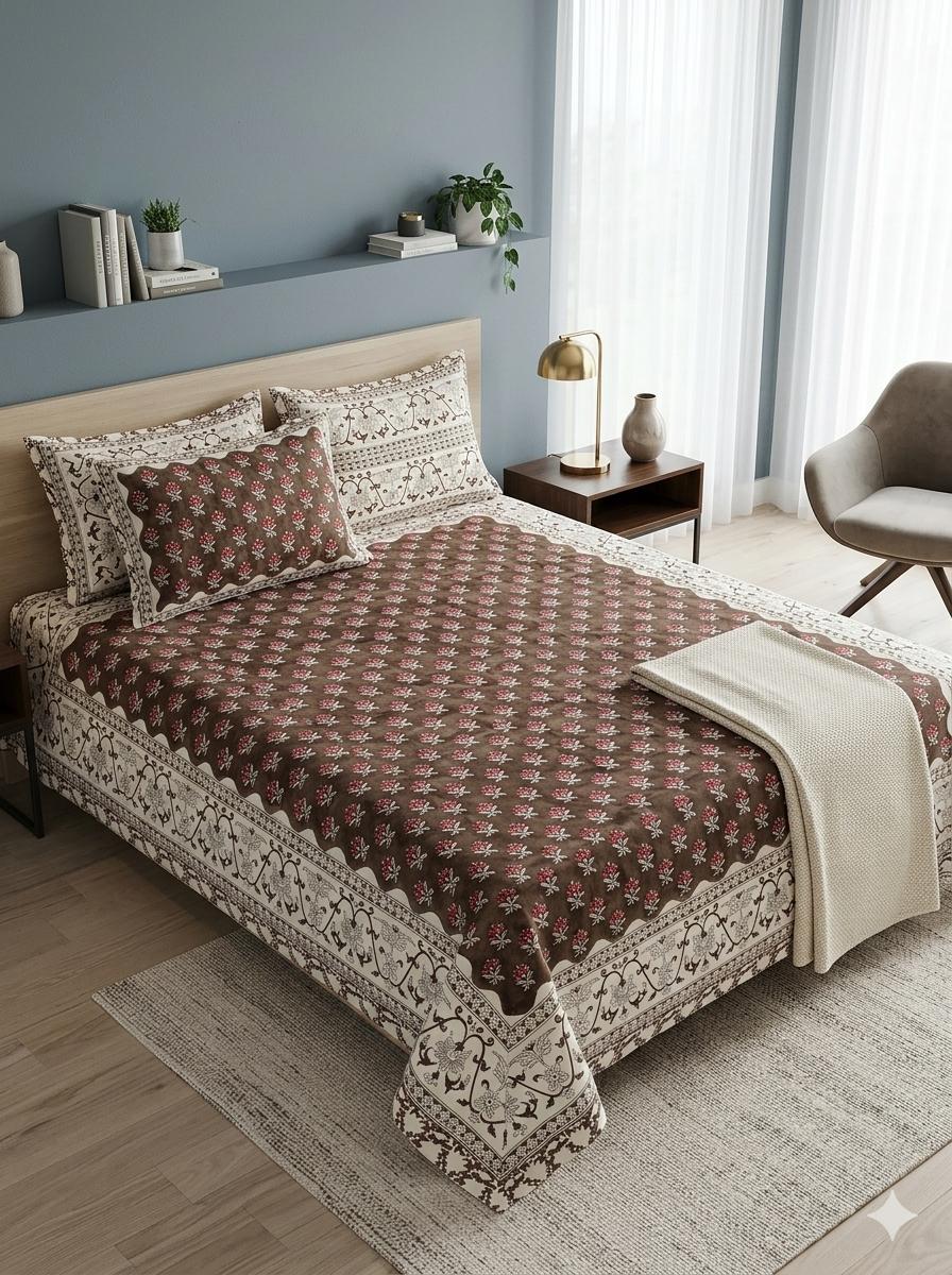 Hand block 100% cotton bedsheet brown