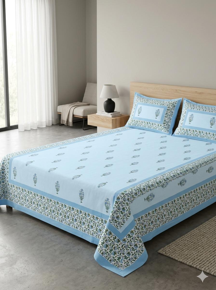Hand block 100% cotton bedsheet sky blue