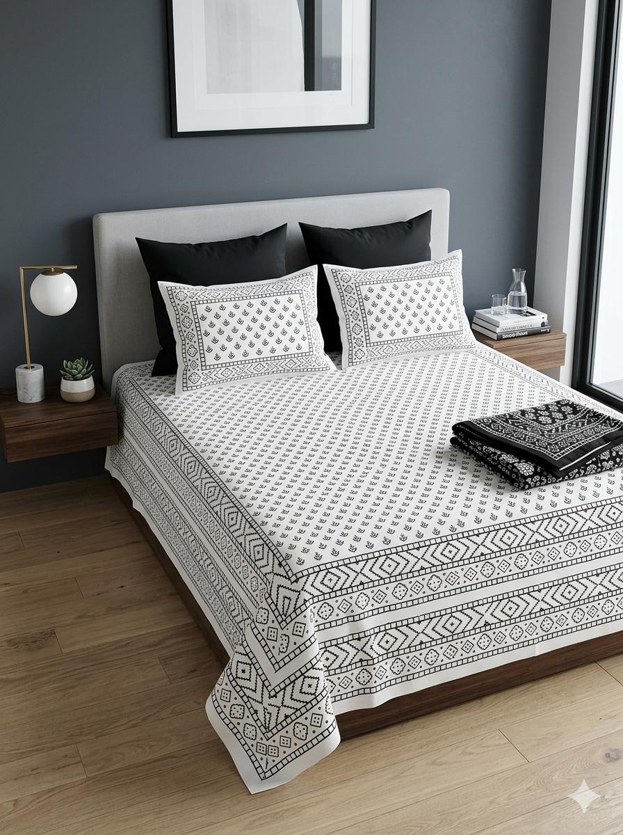 Hand block 100% cotton bedsheet black