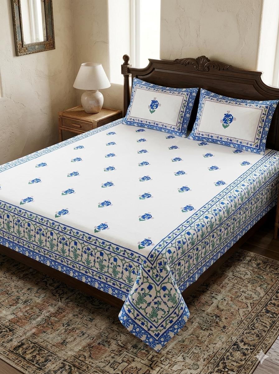 Hand block 100% cotton bedsheet blue